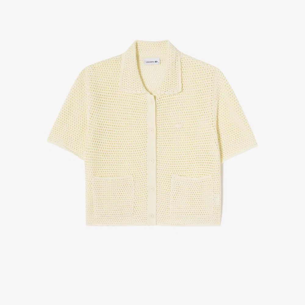 Кардиган Lacoste Кроше, хлопковый, короткий рукав, айвори