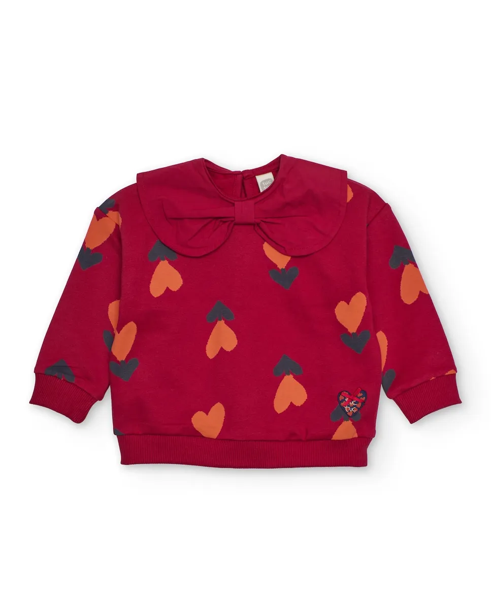 

Красный свитшот для девочки с сердечками и воротником с бантом Tuc tuc