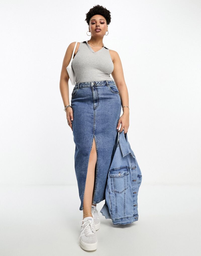 

Джинсовая юбка макси с разрезом по краю ASOS DESIGN Curve