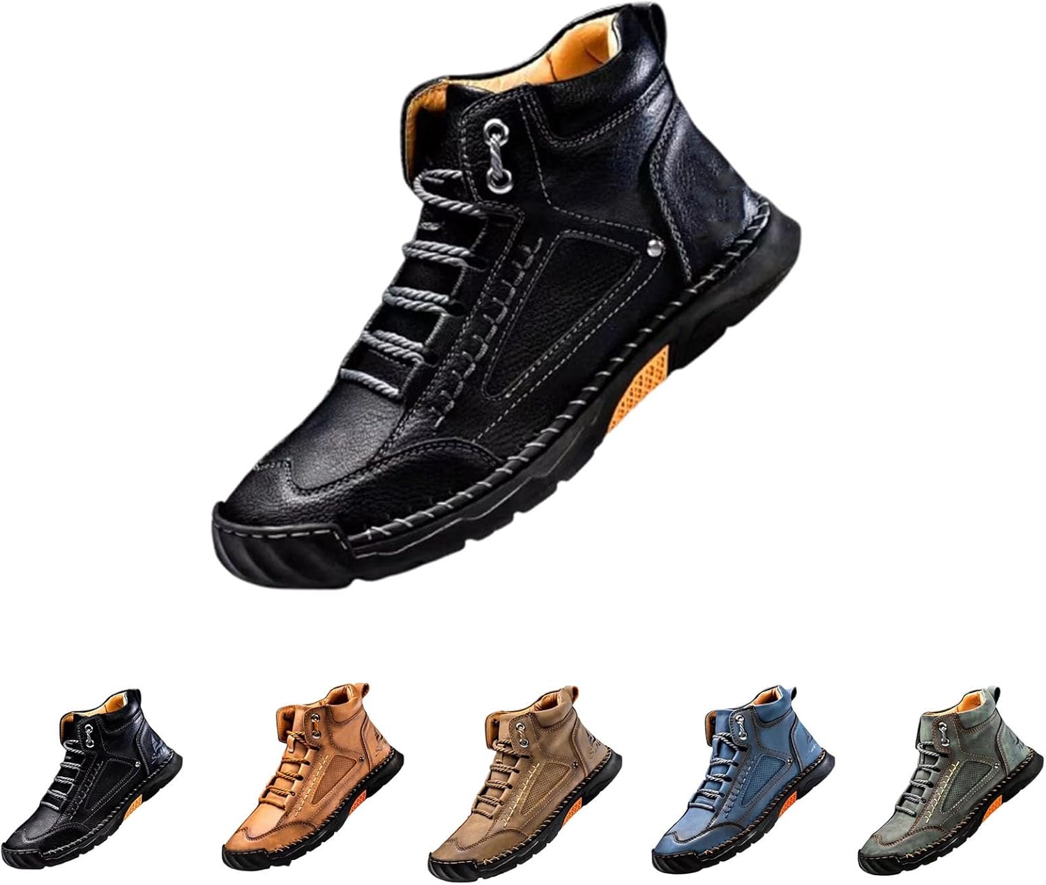 

Мужские кожаные ботинки ручной работы - водонепроницаемые походные ботинки с противоскользящей подошвой, поддерживающей стелькой и широкой передней частью Generic, черный