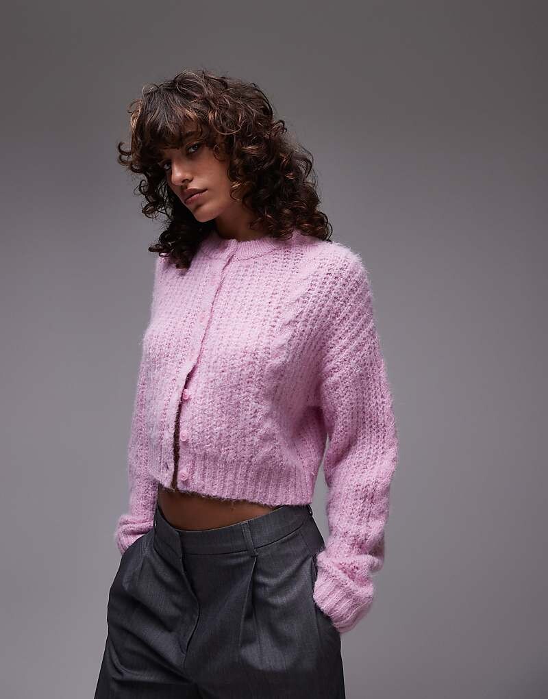 

Topshop – пушистый розовый кардиган косой вязки короткого кроя