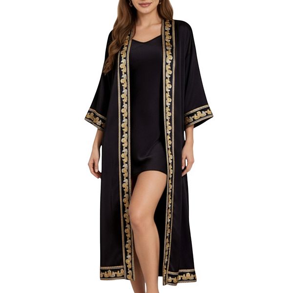 

Женский длинный атласный кимоно с вышивкой и широкими рукавами Anna-Kaci, Black