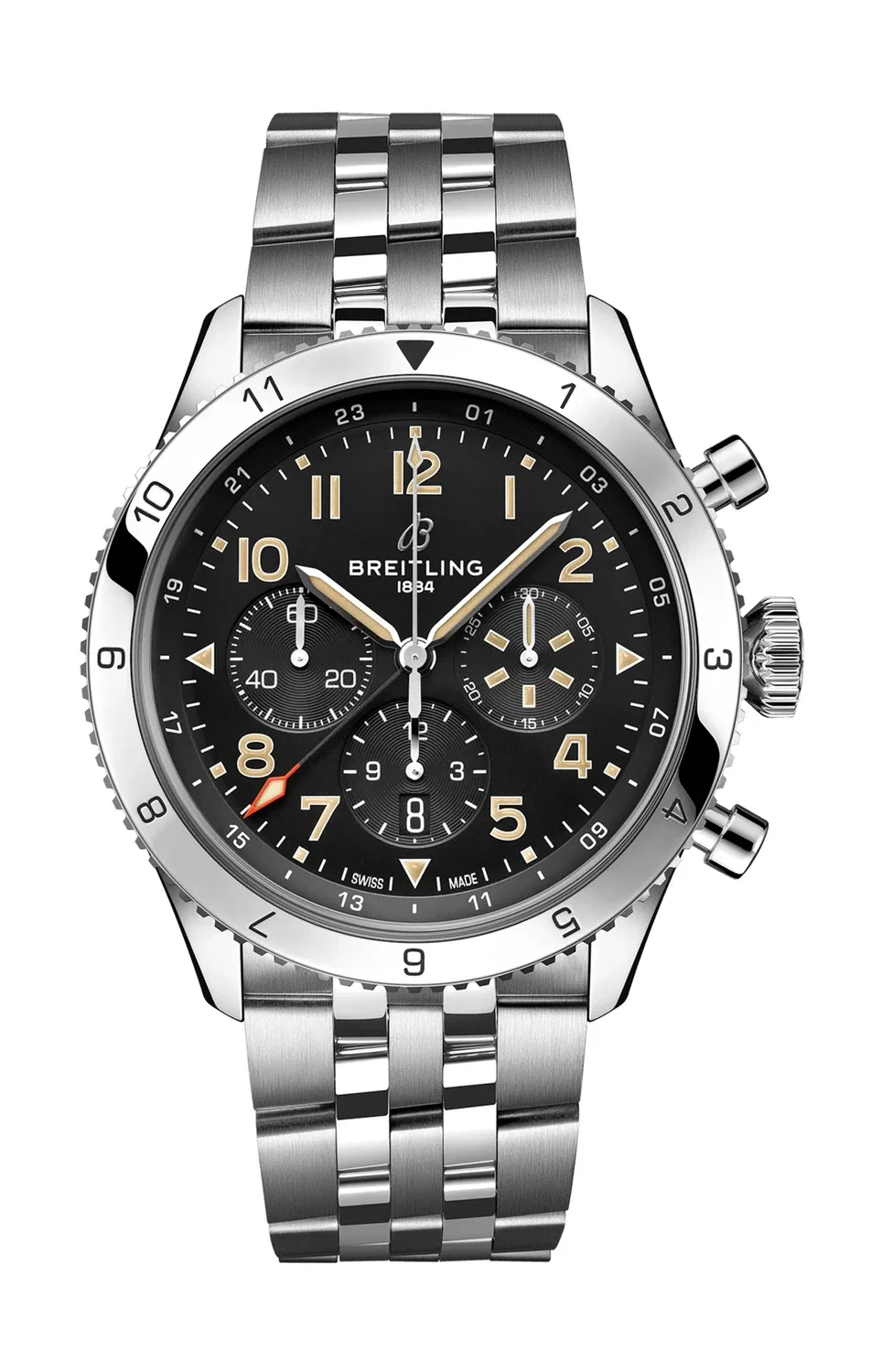 СУПЕР AVI B04 ХРОНОГРАФ GMT 46 P-51 MUSTANG - AB04453A1B1A1 BREITLING, серебряный