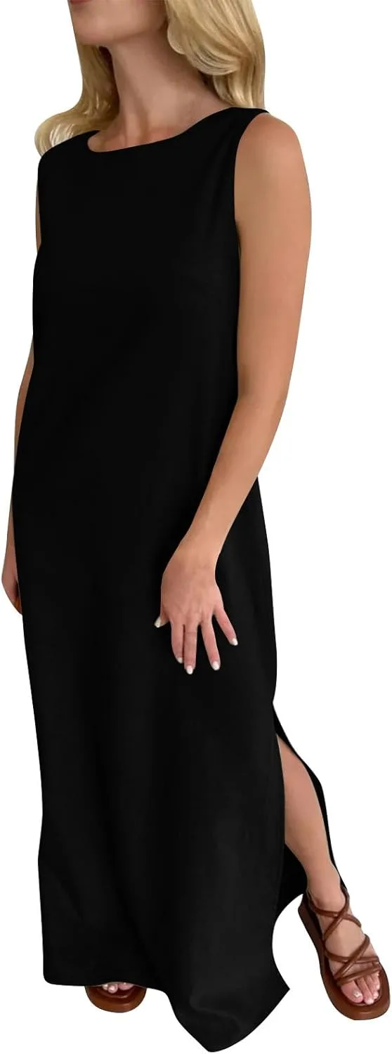 Женское льняное платье, повседневное, с круглым вырезом, без рукавов, с боковым разрезом, макси-платье, летнее, для пляжа и отдыха, платье-майка Generic, черный