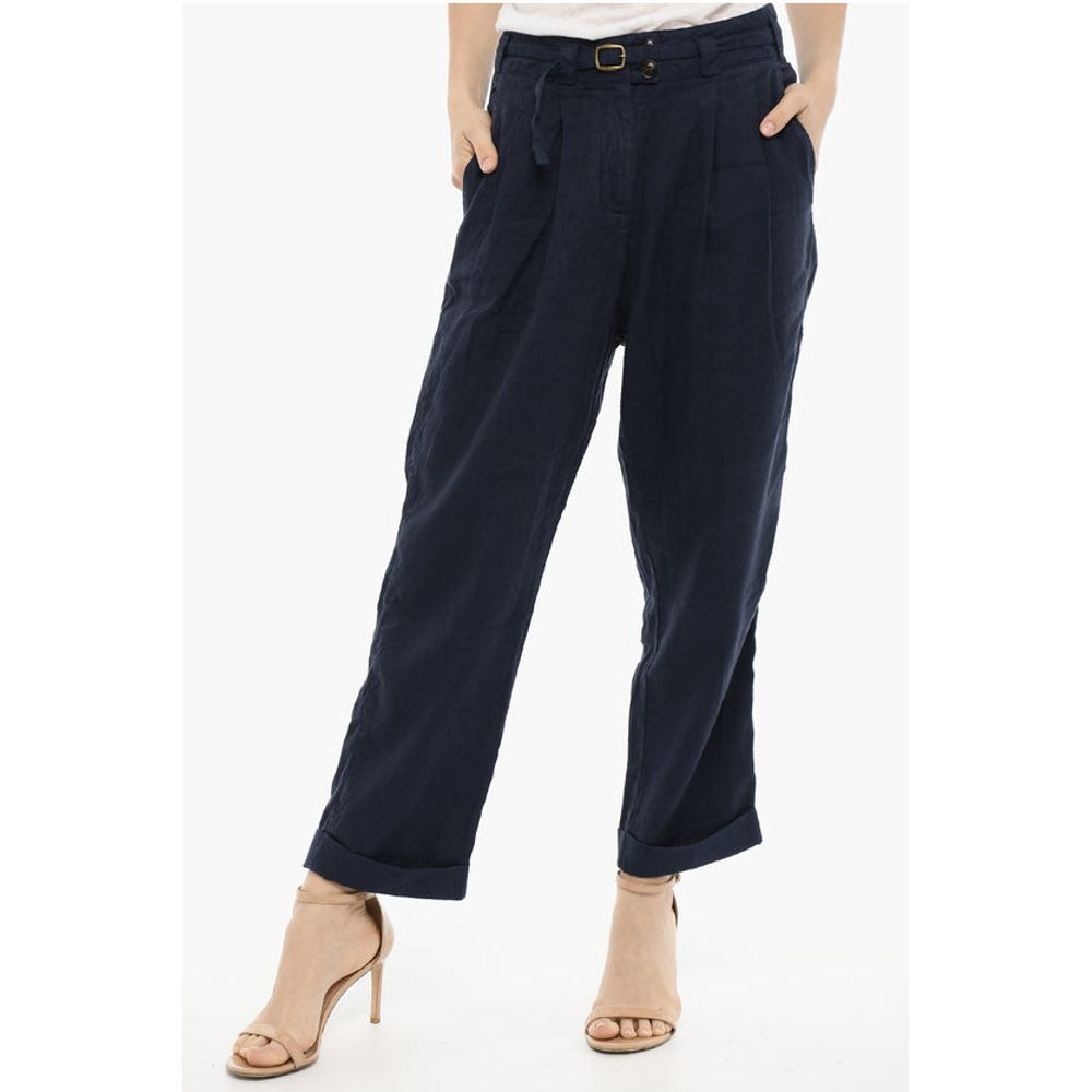 

Брюки из хлопка и льна с двойной складкой и поясом Woolrich, Blue