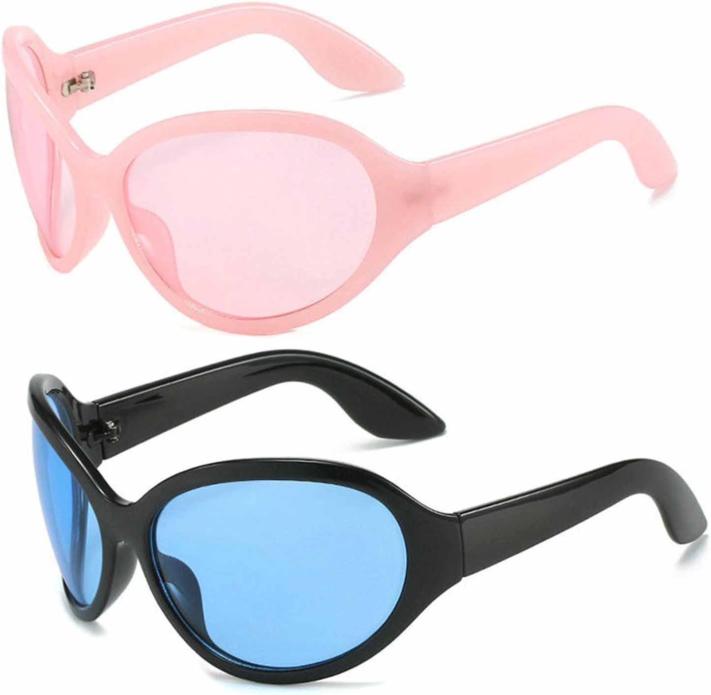 

Солнцезащитные очки Willochra Oversized в футуристическом стиле 2023 года для женщин и мужчин. Овальные солнцезащитные очки в стиле Y2k. Женские солнцезащитные очки с защитой от УФ-излучения UV400, 2pcs-black Blue&pink