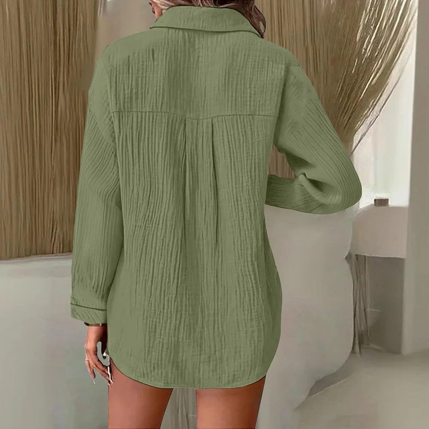 Блуза, льняная, плиссированная, с поясом, свободная, casual, длинный рукав, женская, зеленый — фото 3