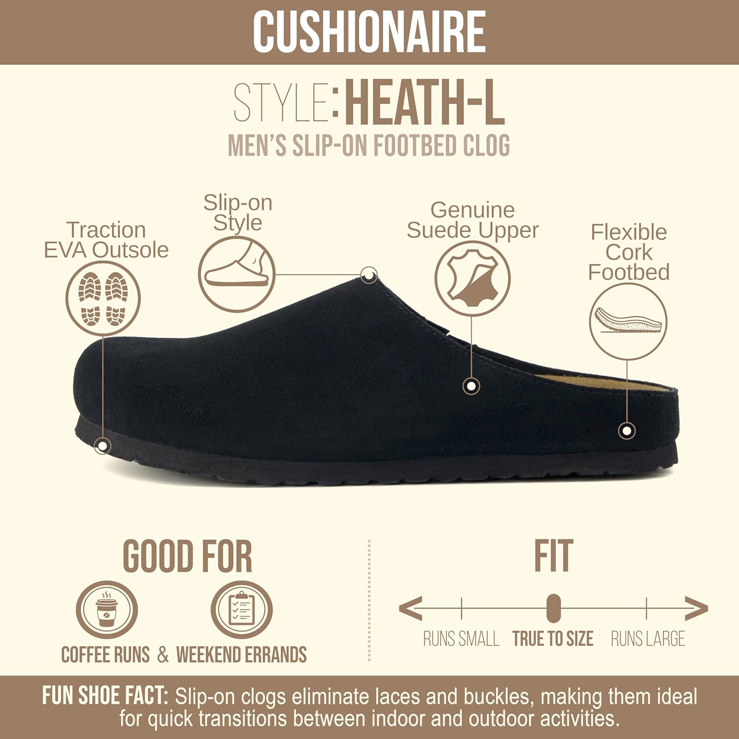 Мужские сабо CUSHIONAIRE Heath из настоящей замши с амортизирующей стелькой из пены памяти, удобные шлепанцы на легкое надевание, черный — фото 2