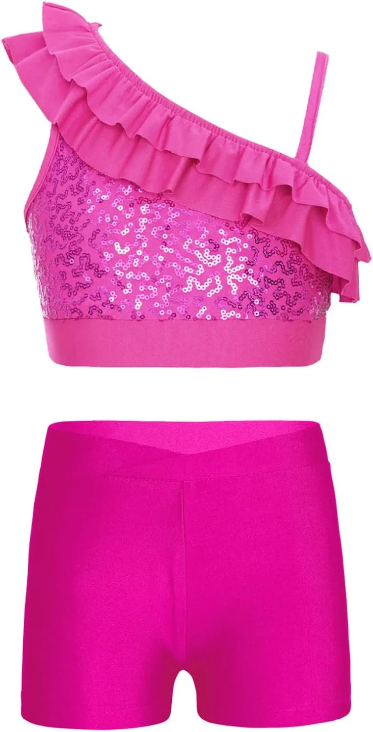 Детский спортивный костюм с пайетками Agoky, топ и шорты, Hot Pink
