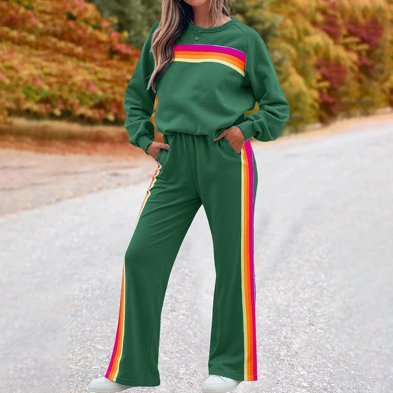 Женский спортивный костюм Rainbow, свитшот и широкие брюки, зеленый — фото 2