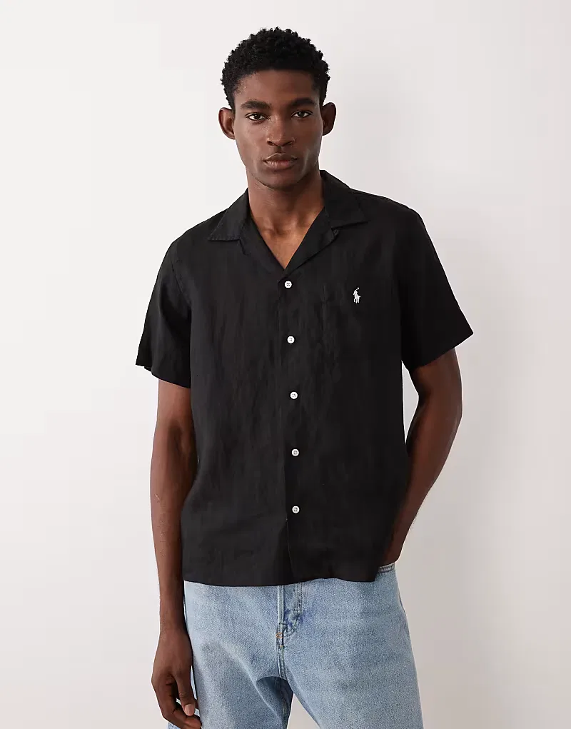 Черная льняная рубашка Polo Ralph Lauren с коротким рукавом и логотипом бренда Icon