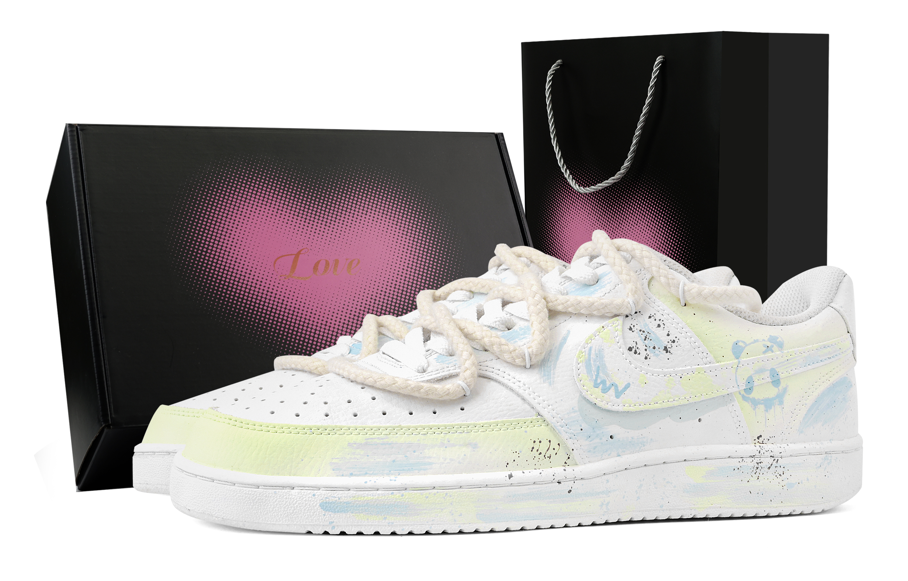 

Nike Кроссовки Court Vision 1 Ink Stain Bear Heart Box, износостойкие, низкие, для скейтбординга, мужские, желто-синие