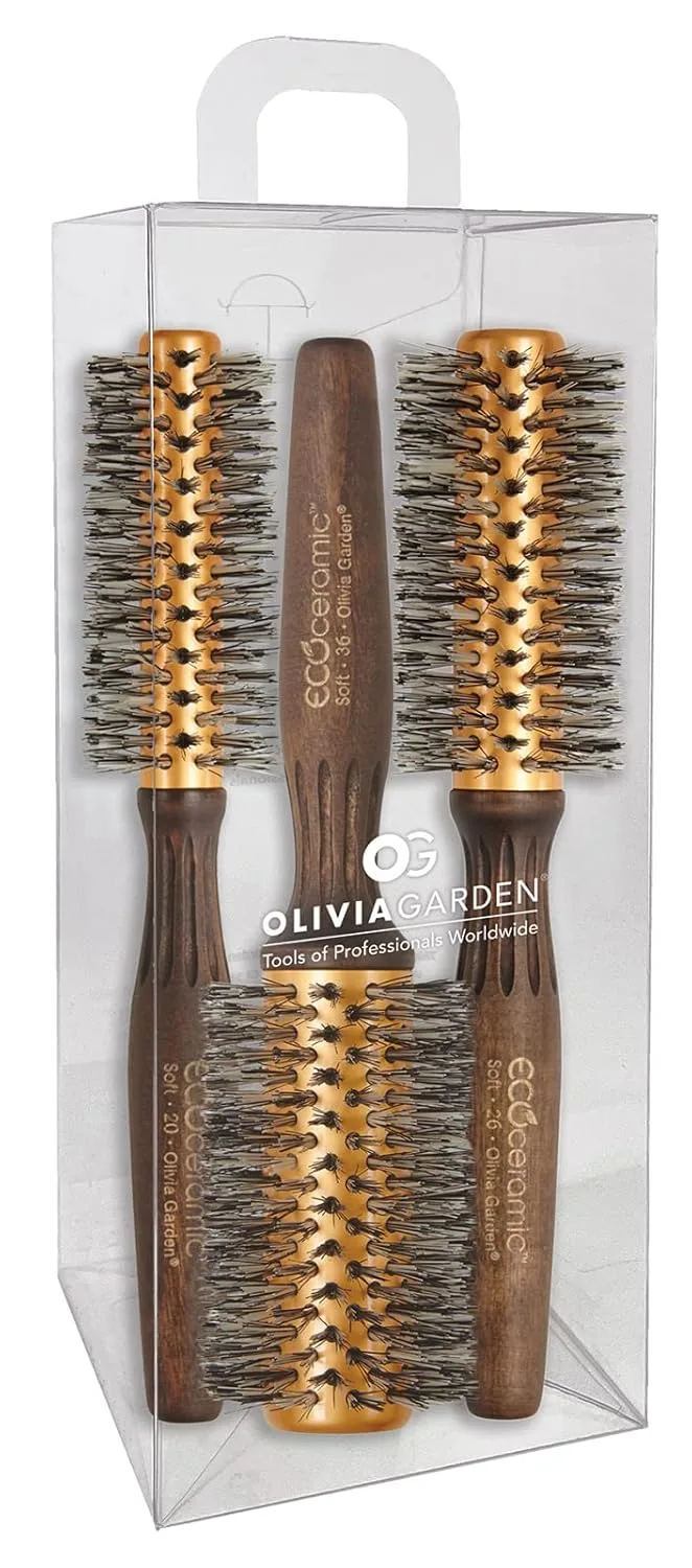 Круглая термощетка для волос Olivia Garden EcoCeramic с мягкой щетиной (не электрическая) Набор из 3 штук: EC-20S, EC-26S, EC-36S, Brown and golden