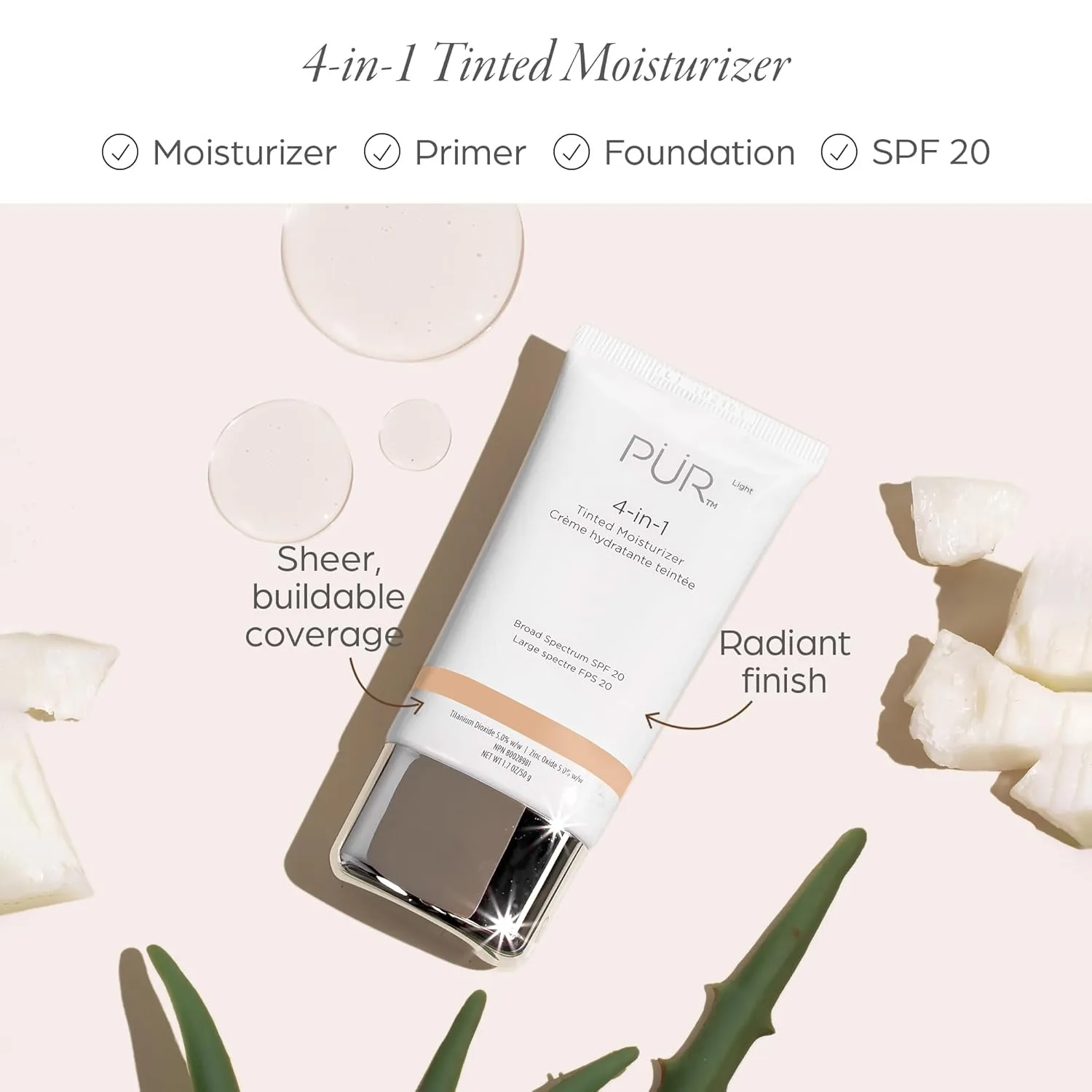 PÜR MINERALS 4-in-1 тонированный увлажняющий крем с SPF 20 - увлажняющий крем, праймер и тональная основа с маслом ши, алоэ вера и витамином B3, веганский, без парабенов, глютена и BPA, Light — фото 2