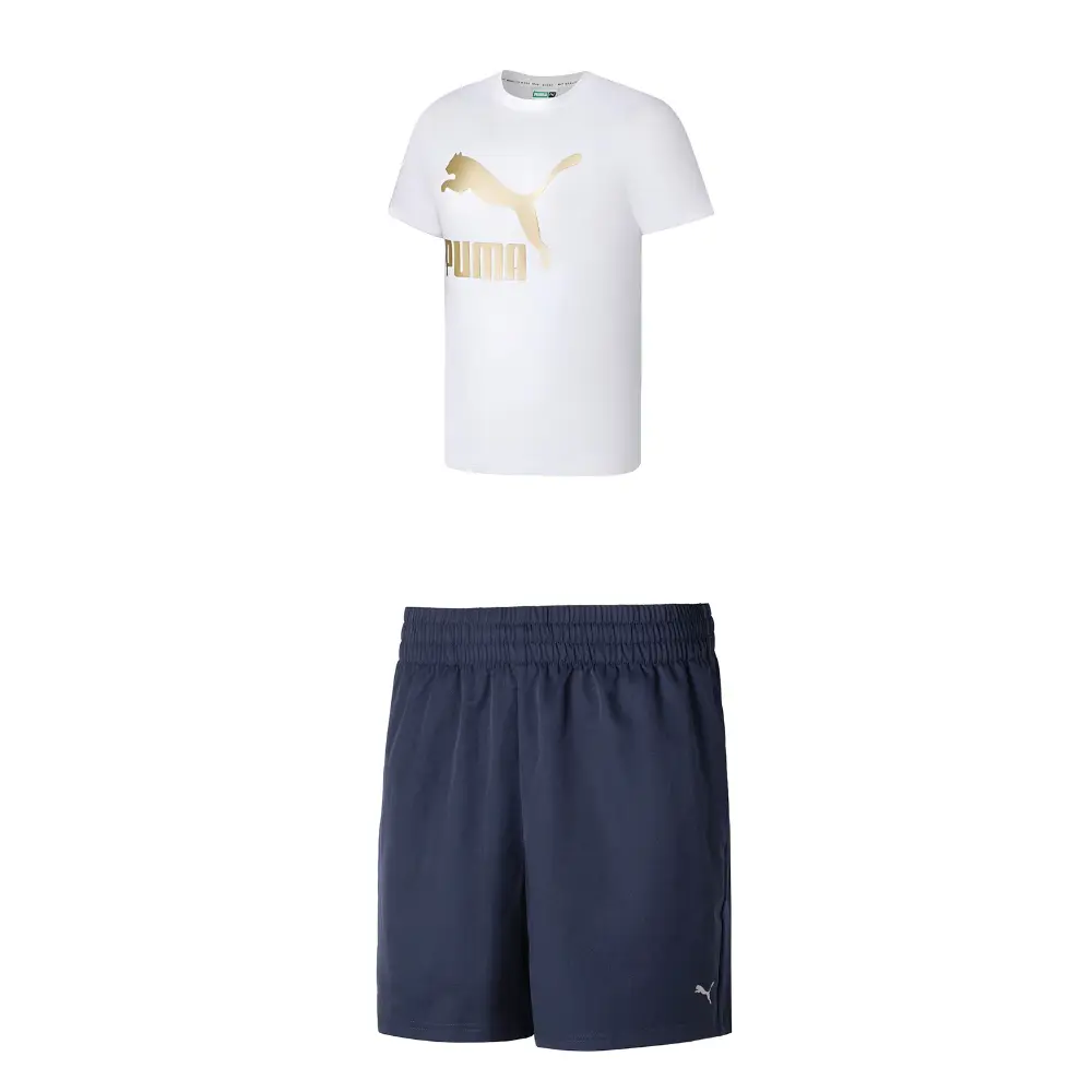 

Повседневный спортивный мужской комплект: белый топ + синие шорты Puma, белый