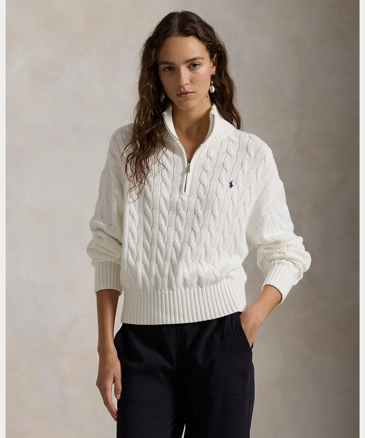 Свитер с четвертной молнией, кейбл-нить, хлопок, Ralph Lauren, белый