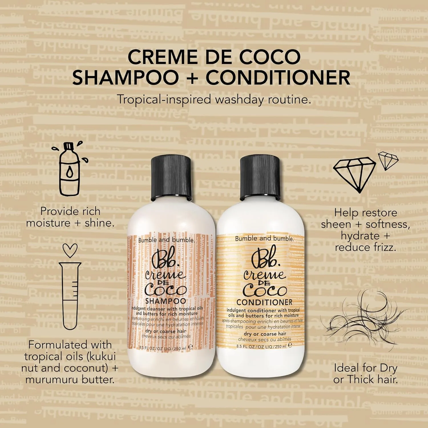 Bumble and bumble Creme De Coco кондиционер для сухих волос средней и высокой густоты, прямых, волнистых и кудрявых, с кокосовым маслом, маслом кукуи и мурумуру, для интенсивного увлажнения, блеска и борьбы с пушистостью Bumble And Bumble. — фото 3