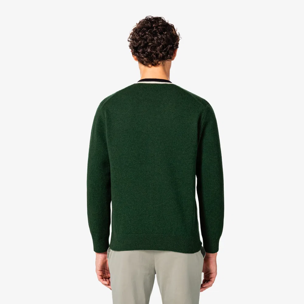 Мужской шерстяной кардиган с V-образным вырезом тёмно-зелёный от Lacoste — фото 3