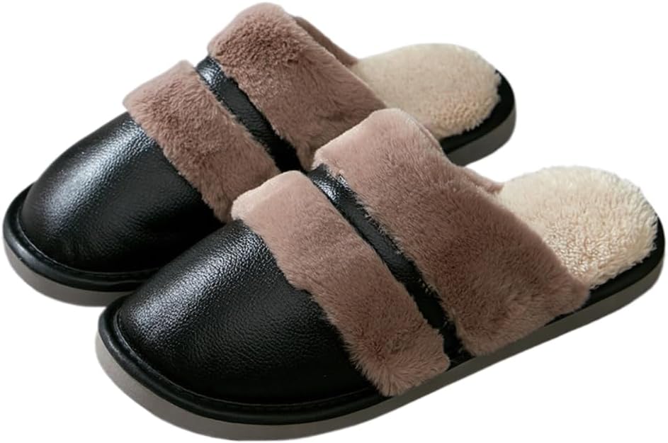 

Мужские домашние тапочки из кожи с термостежкой, противоскользящие, мягкие, теплые, пушистые, больших размеров Generic, черный