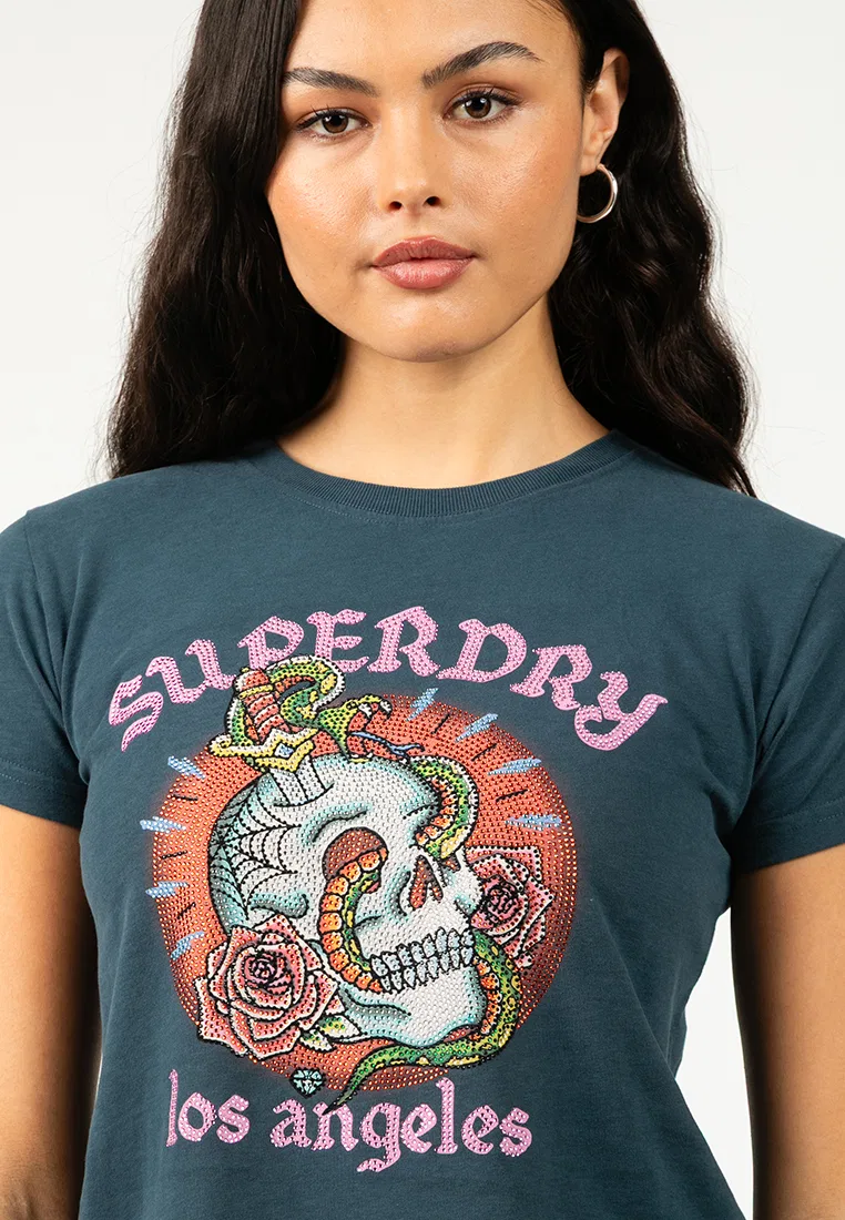Футболка с принтом, облегающая, Tattoo Rhinestone, белый Superdry — фото 3