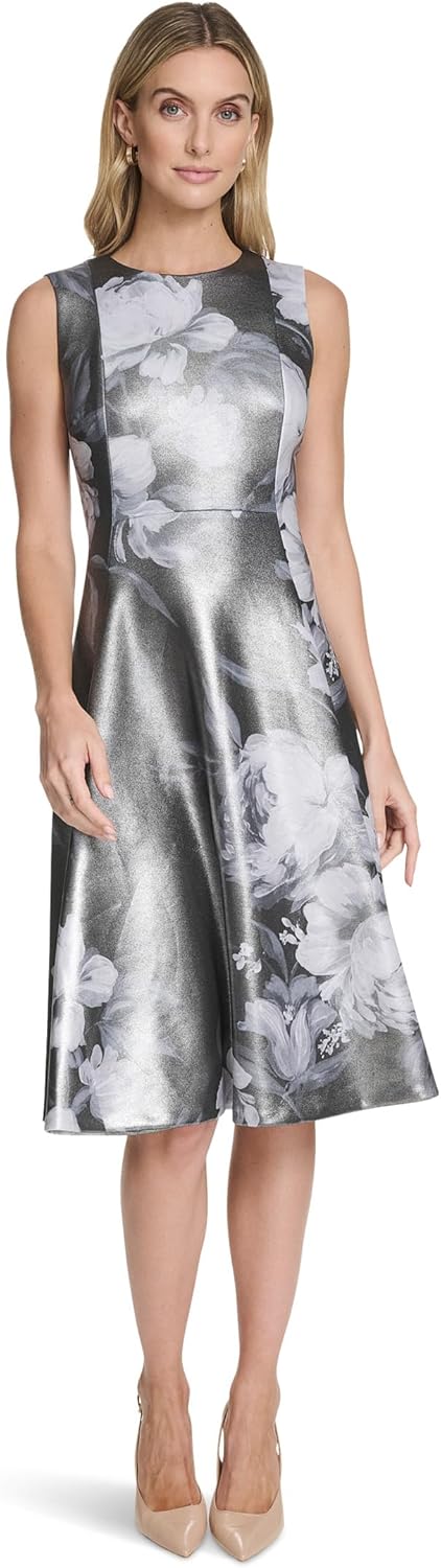 

Calvin Klein Женская безрукавка с металлическим принтом и принтом «Скуба» А-силуэта, Black Silver