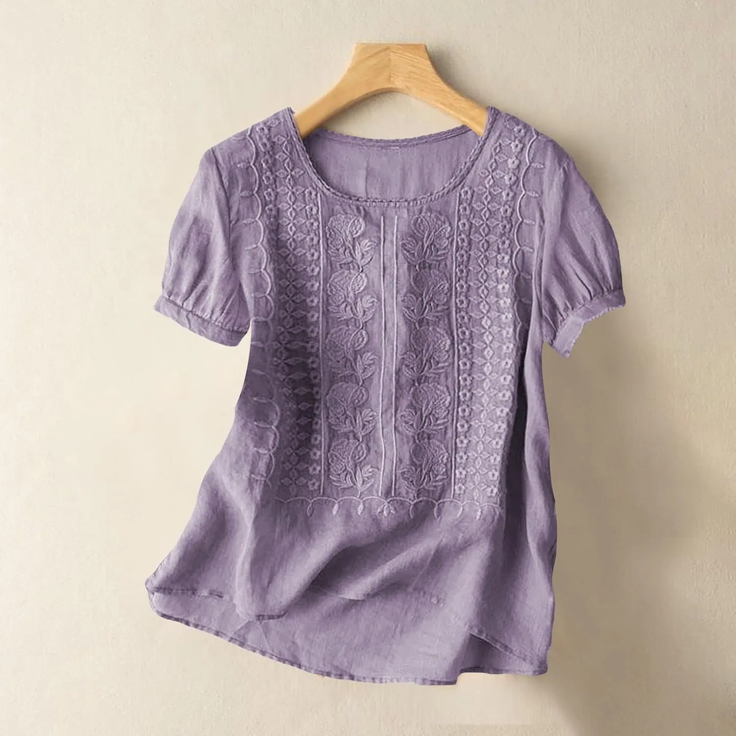 Блуза с коротким рукавом, вышивка, бренд Linen Shirts, фиолетовый — фото 3