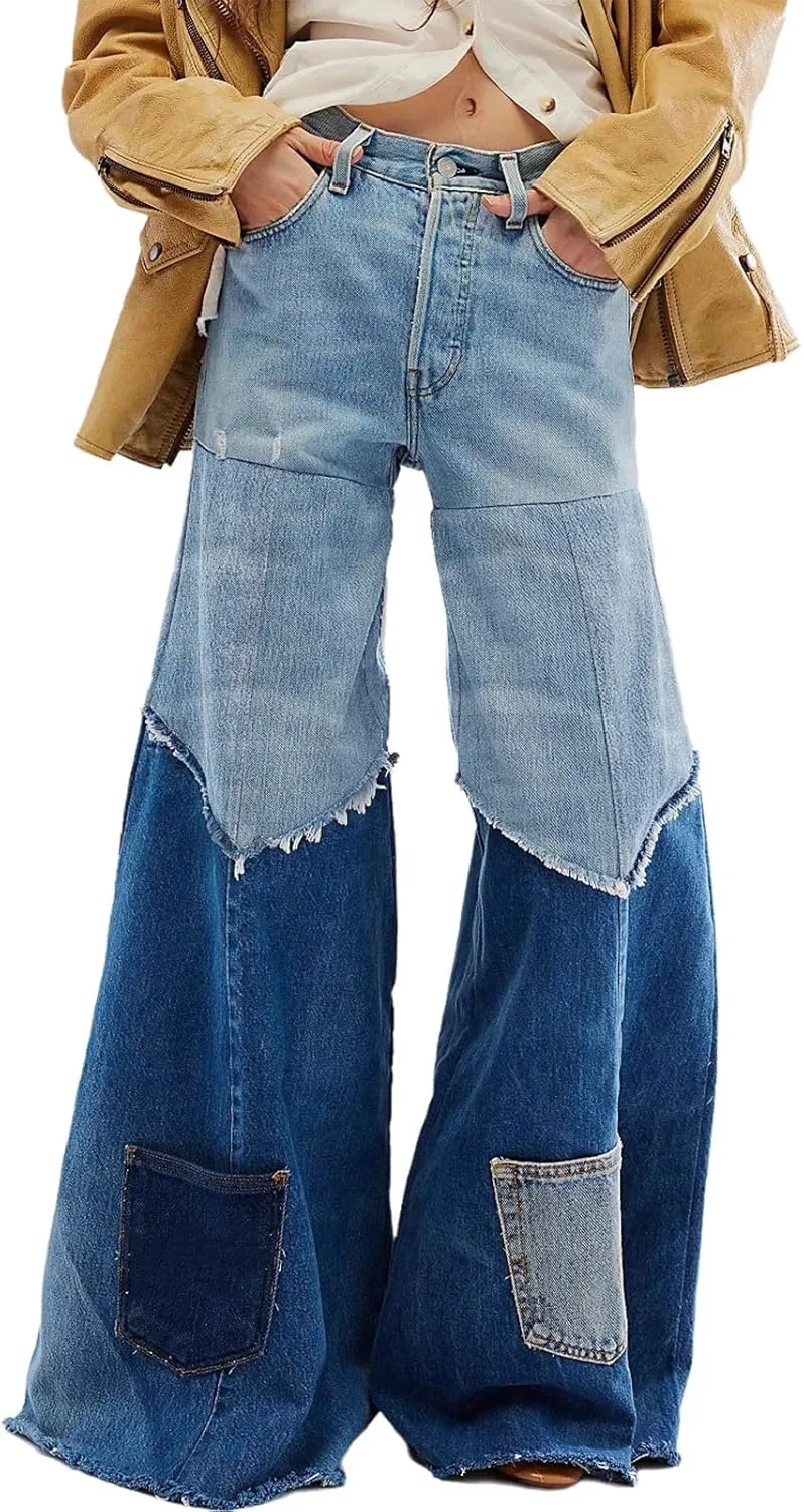 

Женские джинсы с высокой талией и расклешенным низом, в стиле пэчворк MRNYQBM