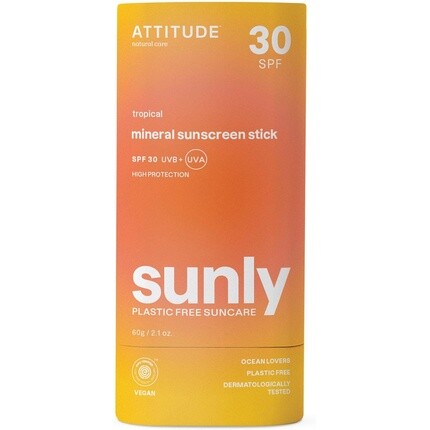 

ATTITUDE Минеральный солнцезащитный стик с оксидом цинка SPF 30, проверен EWG, не содержит пластика, широкий спектр защиты от UVA/UVB, дерматологически протестирован, веганский, тропический, 60 г