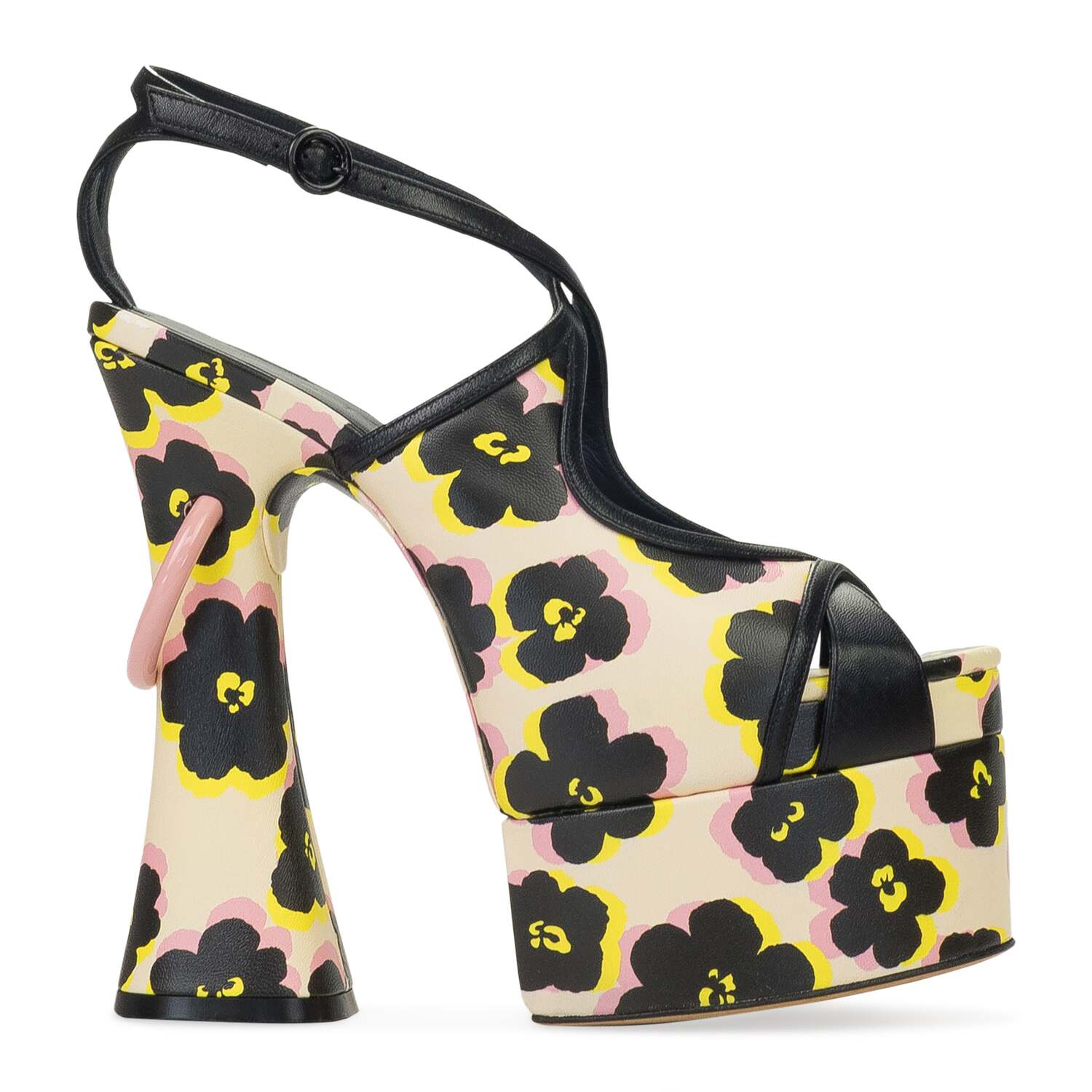 Черно-розовые платформенные сандалии с улыбкой на каблуках Lanvin