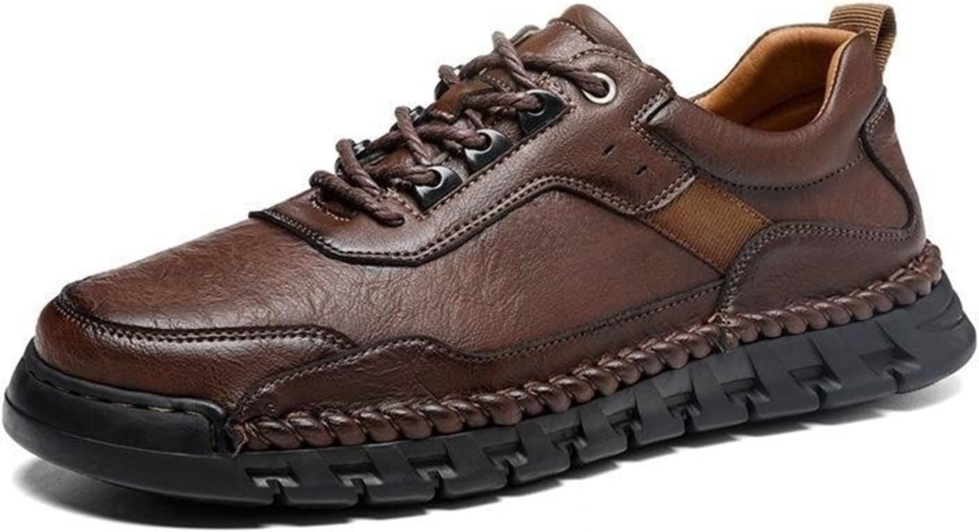 

Мужские кожаные повседневные туристические туфли на шнуровке, ручная строчка, круглый носок, мягкая подошва, модные кроссовки, удобные, легкие, для прогулок, вождения и работы Generic, коричневый