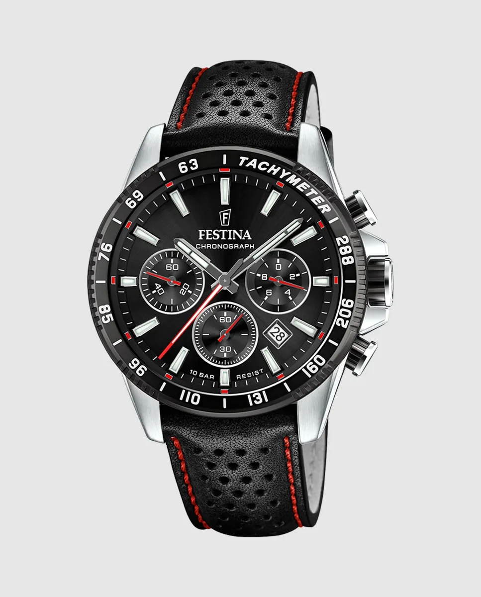 

F20561/4 Timeless Chronograph Черные кожаные мужские часы Festina, черный