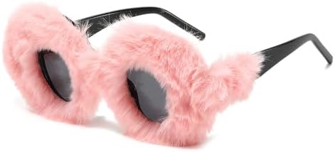 

Круглые плюшевые солнцезащитные очки 2026 года для женщин, винтажные, большие, декоративные, зимние, термоочки, пушистые, с защитой от УФ-излучения UV400 MTZJH, Pink Black