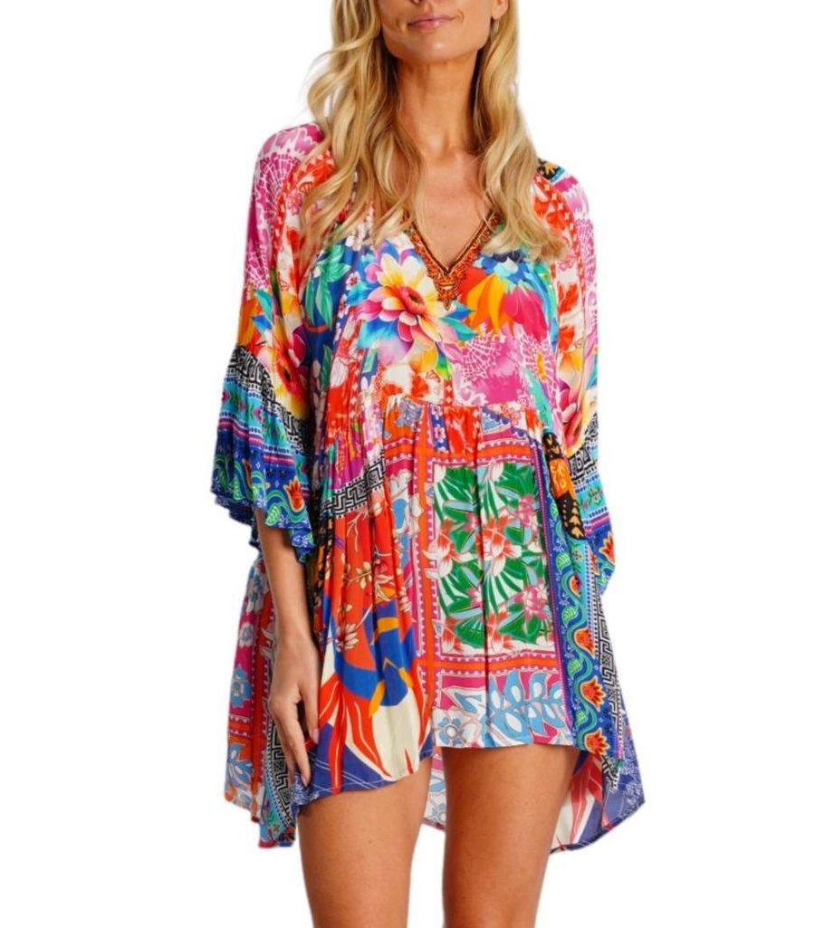 

Женское разноцветное мини-платье с асимметричным подолом по бокам и расшитым бисером вырезом горловины La Moda Clothing, No Color