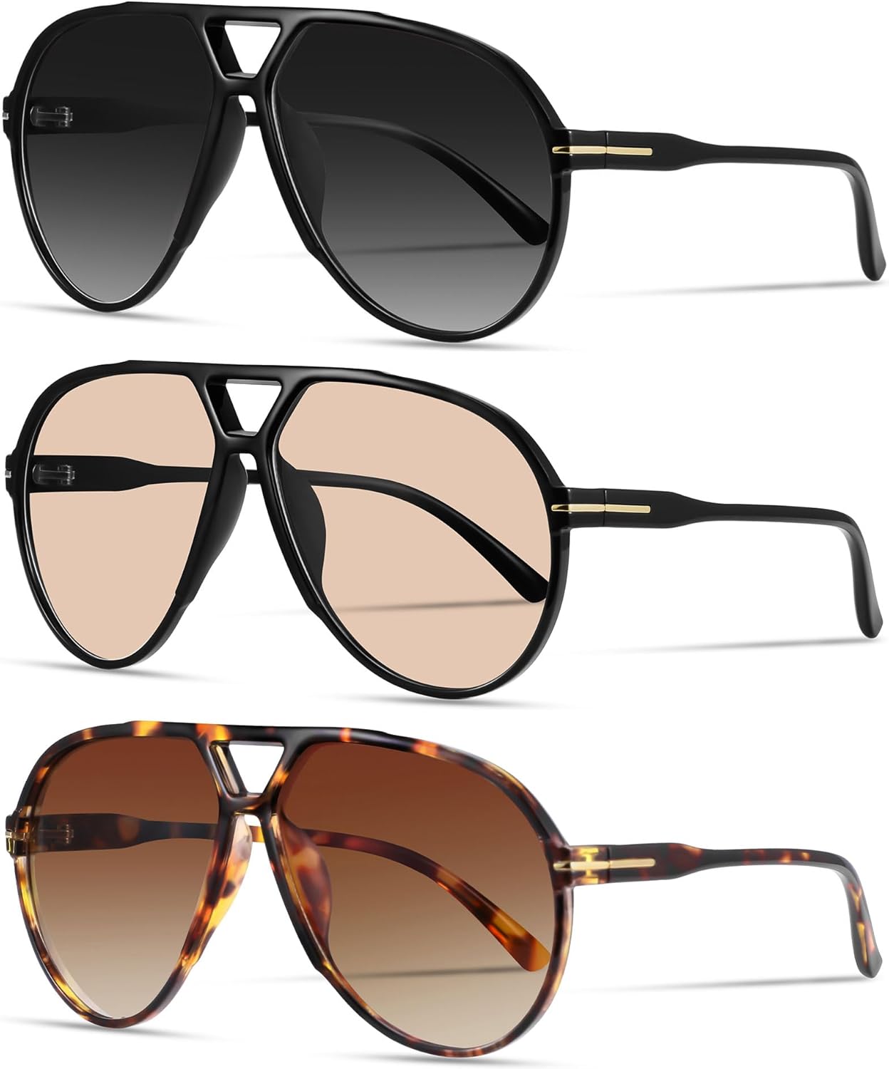 

Большие ретро-солнцезащитные очки-авиаторы для женщин и мужчин. Классический винтажный стиль 70-х. Солнцезащитные очки в крупной оправе YMRFW, 3pack (Black/Gradient Gray+black/Champagne+tortoise/Gradient Tea)