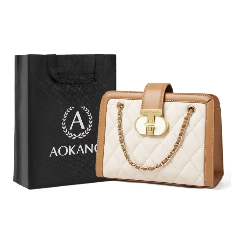 

AOKANG Кожаная сумка квадратная с алмазным узором на цепочке средняя женская классическая черная или бежевая, Ecru