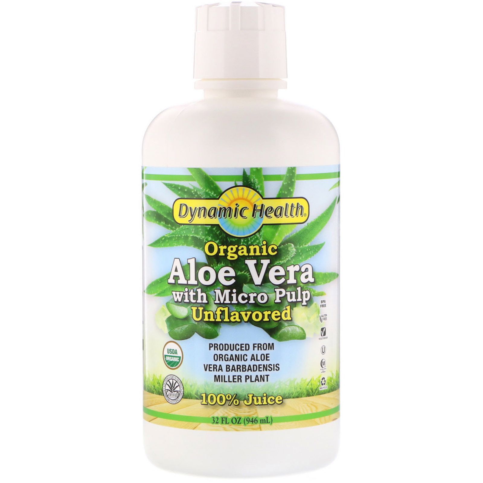 

Dynamic Health Laboratories Organic Aloe Vera Juice with Micro Pulp 100% Juice Unflavored 32 fl oz (946 ml)