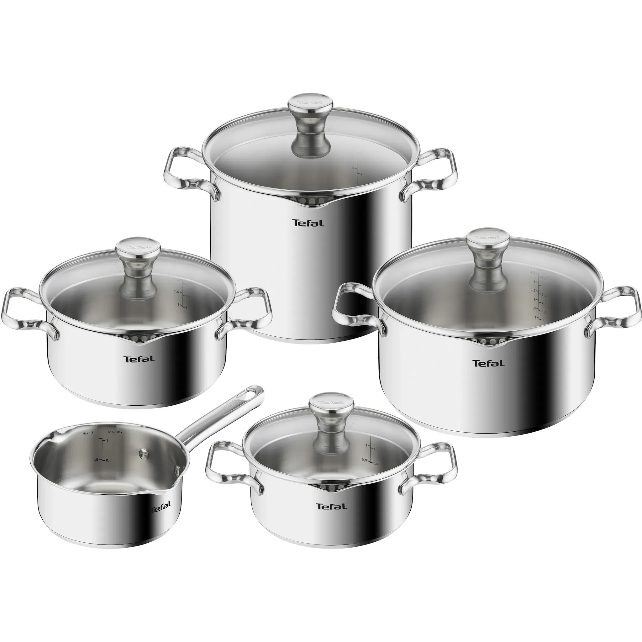 

Набор кастрюль Tefal "Duetto", нержавеющая сталь, (набор, 9 предметов, 1 кастрюля 16 см, по 1 кастрюле с крышкой 18/20/22/24 см), набор кастрюль из нержавеющей стали, крышка-сито, сливной носик, все виды плиты, индукционные, цвет edelstahlfarben