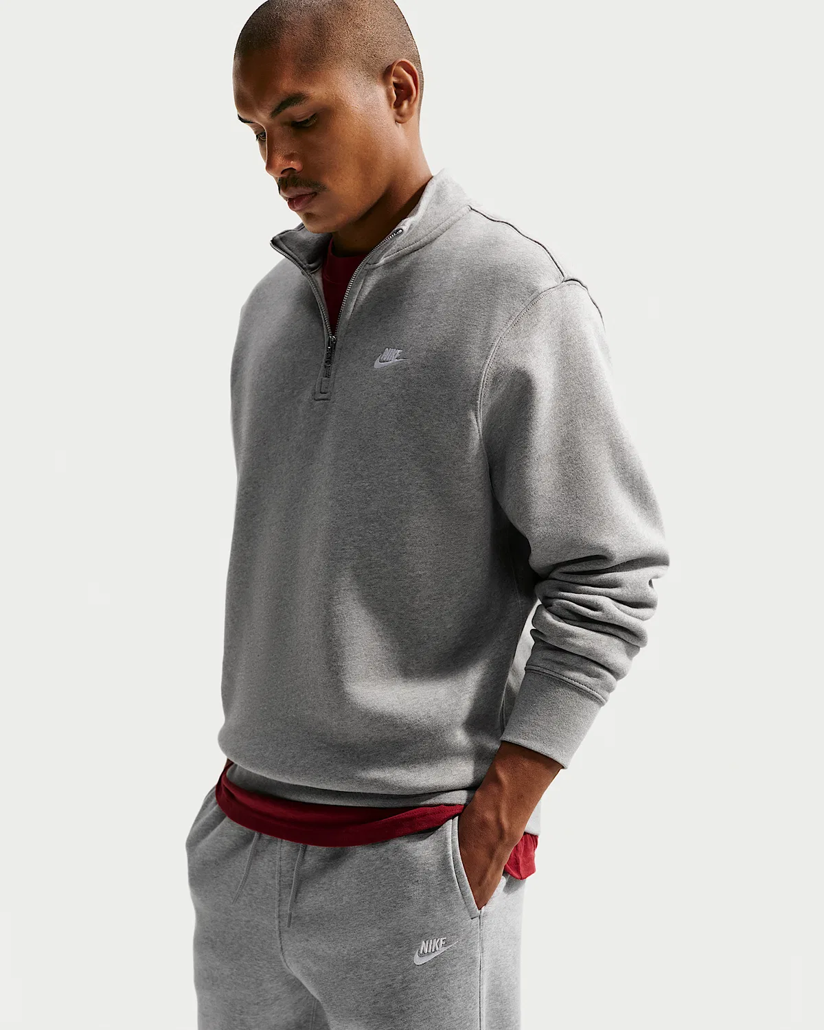Мужская флисовая кофта Nike Sportswear Club с полузастежкой-молнией, Dark Grey Heather/Light Smoke Grey/White — фото 3