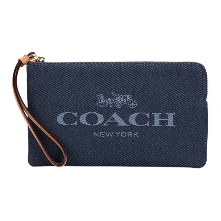 

COACH Кожаный кошелек-клатч с угловой молнией и монетным карманом из джинсовой ткани среднего размера для мужчин в синем дениме