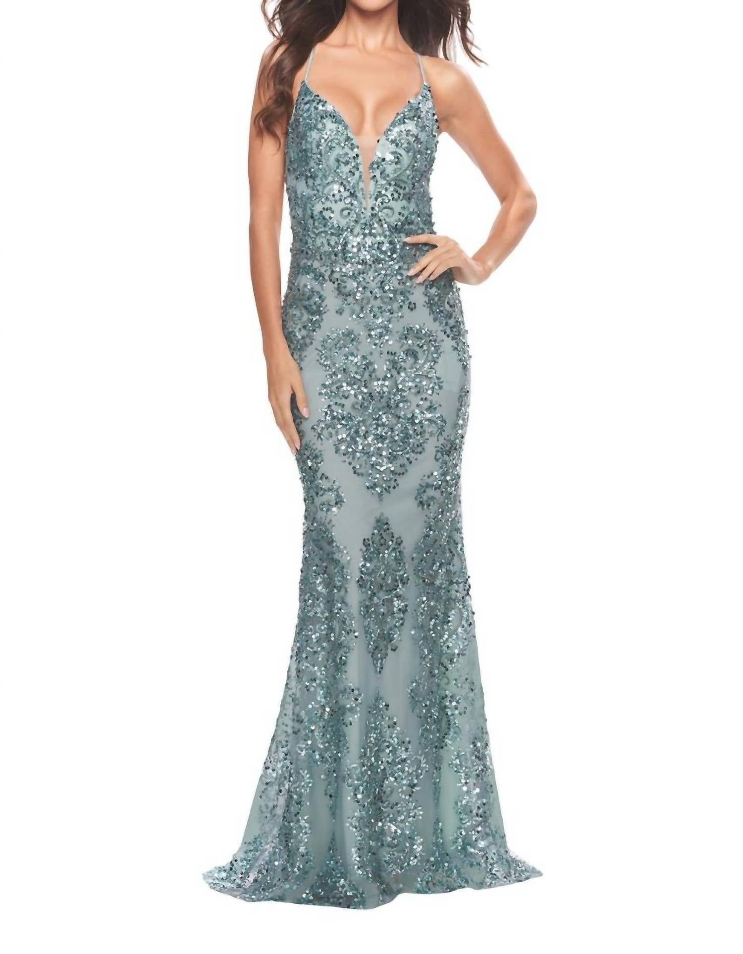 

Платье с пайетками и открытой спиной Print Sequin в цвете морской туман La Femme, Sea Mist