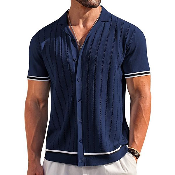 

Мужская вязаная рубашка с коротким рукавом на пуговицах в стиле old money Coofandy, Navy Blue