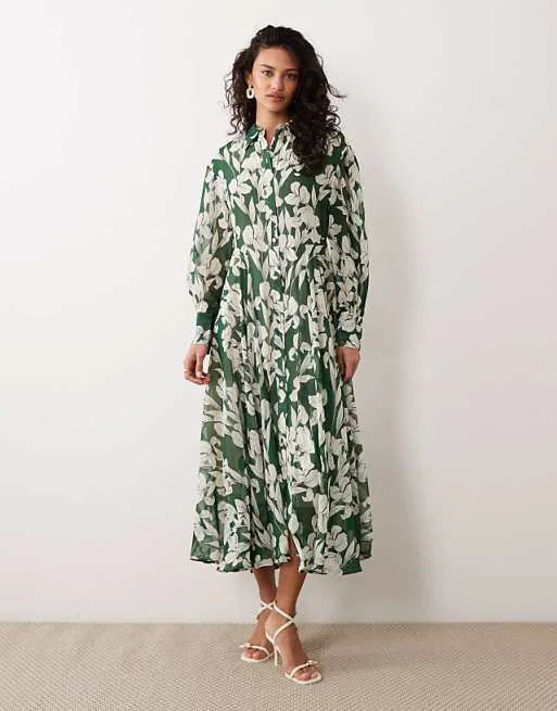 

Зеленое платье-рубашка макси с длинными рукавами AWARE с цветочным принтом