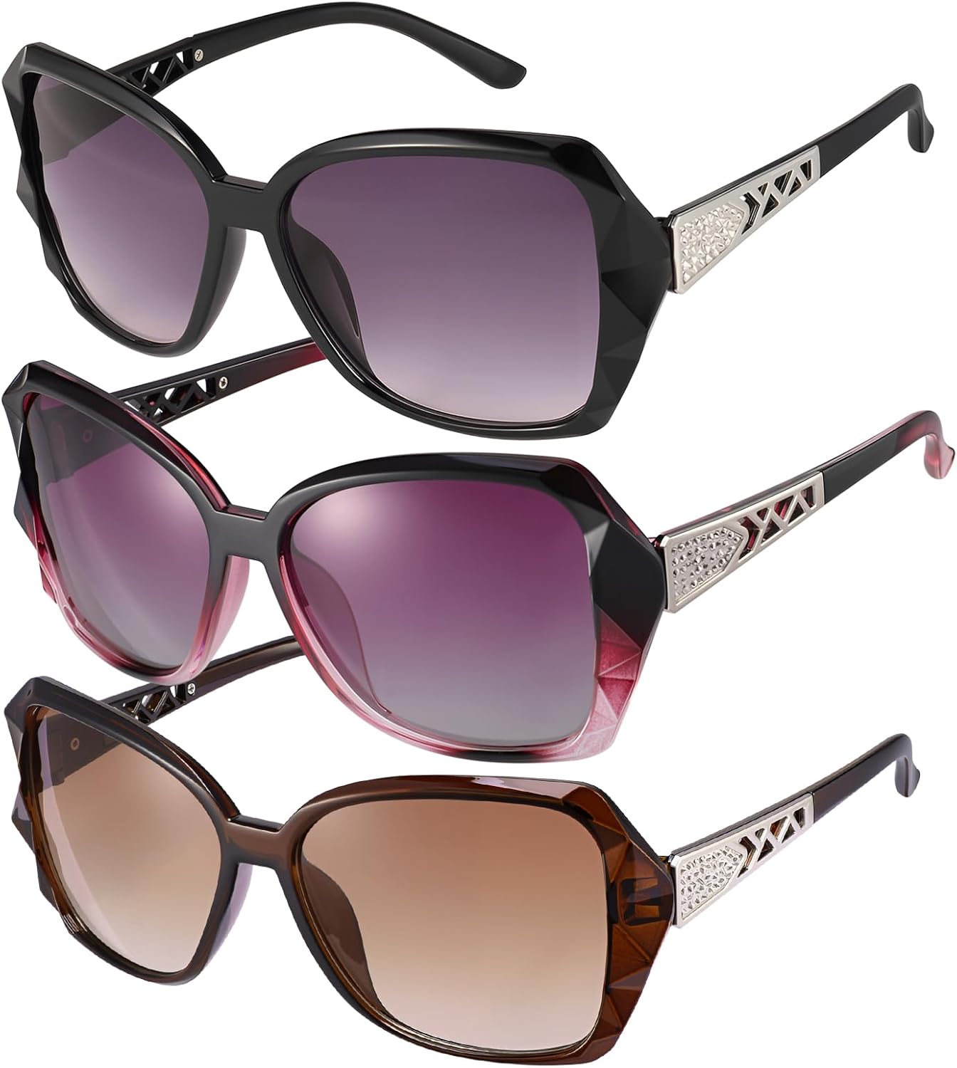 

3/4 шт. Женские большие солнцезащитные очки с защитой от УФ-излучения UV 400. Классические модные женские солнцезащитные очки большого размера с блестящей оправой HEQU, Black/Brown/Purple