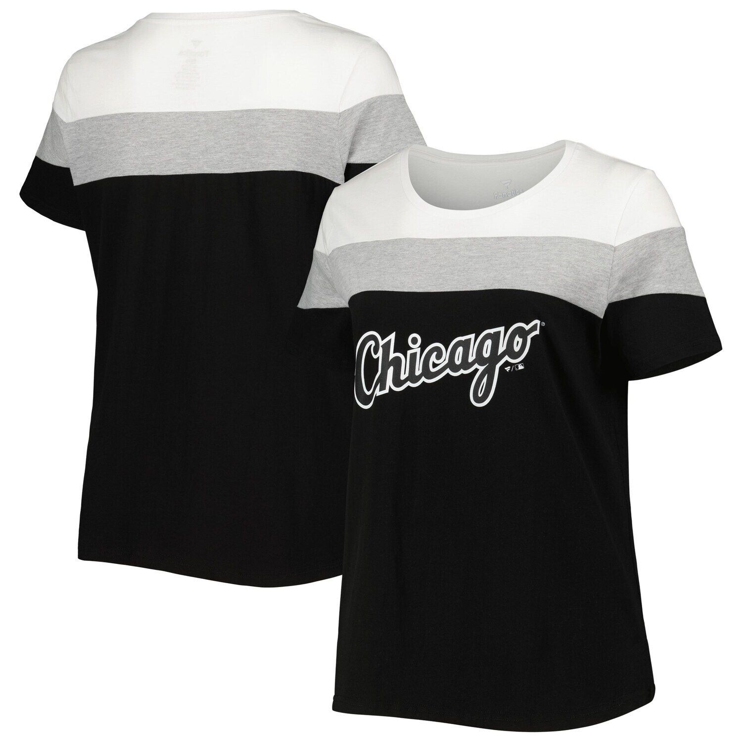 

Женская черная/серо-хизеровая футболка Chicago White Sox с цветными блоками больших размеров, Черный, Женская черная/серо-хизеровая футболка Chicago White Sox с цветными блоками больших размеров