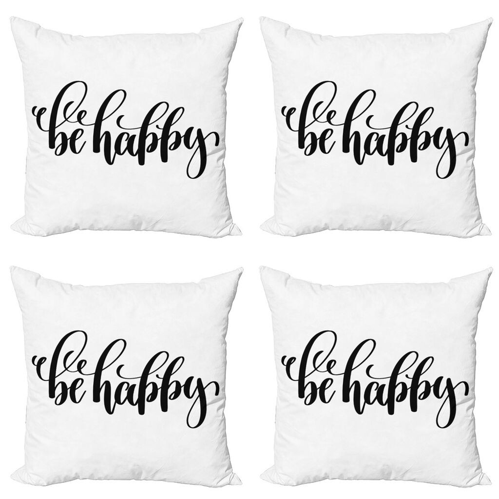 

ABAKUHAUS Be Happy Набор чехлов на подушку (4 предмета), слова в художественной форме, современная двусторонняя цифровая печать, 50 см x 50 см, черный и белый