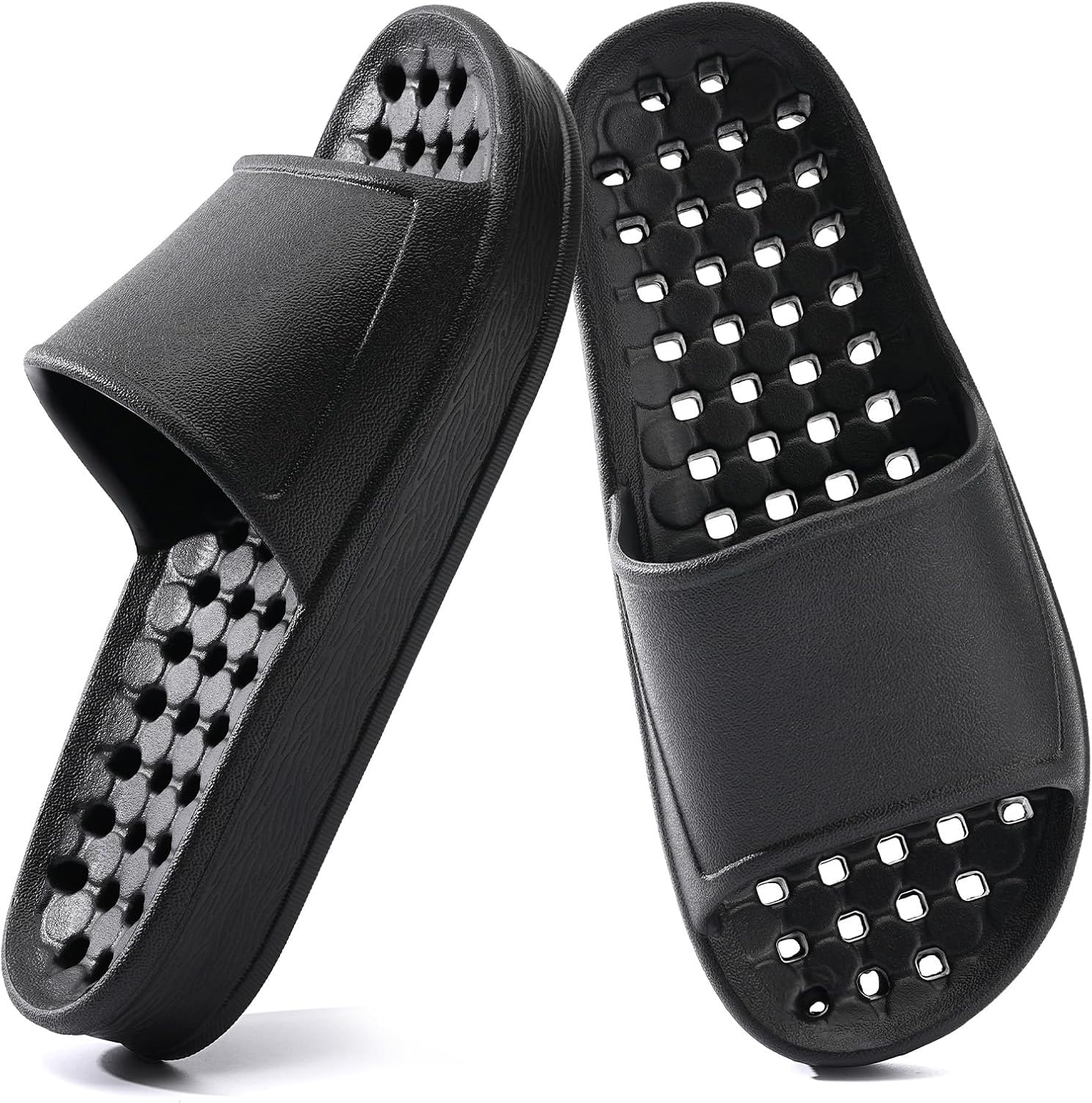 

Тапочки для душа GETOEU для женщин и мужчин с дренажными отверстиями, массажные шлепанцы с мягкой амортизацией, противоскользящие, с толстой подошвой для бассейна, спортивного зала и душа, быстро сохнущие, для ванной и спа, черный