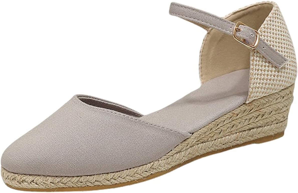 

Женские эспадрильи ZWRXW с закрытым носком, комфортные с ремешком на щиколотке, на клиновидном среднем невысоком каблуке, из холщовой ткани, элегантные летние сандалии для прогулок, серый