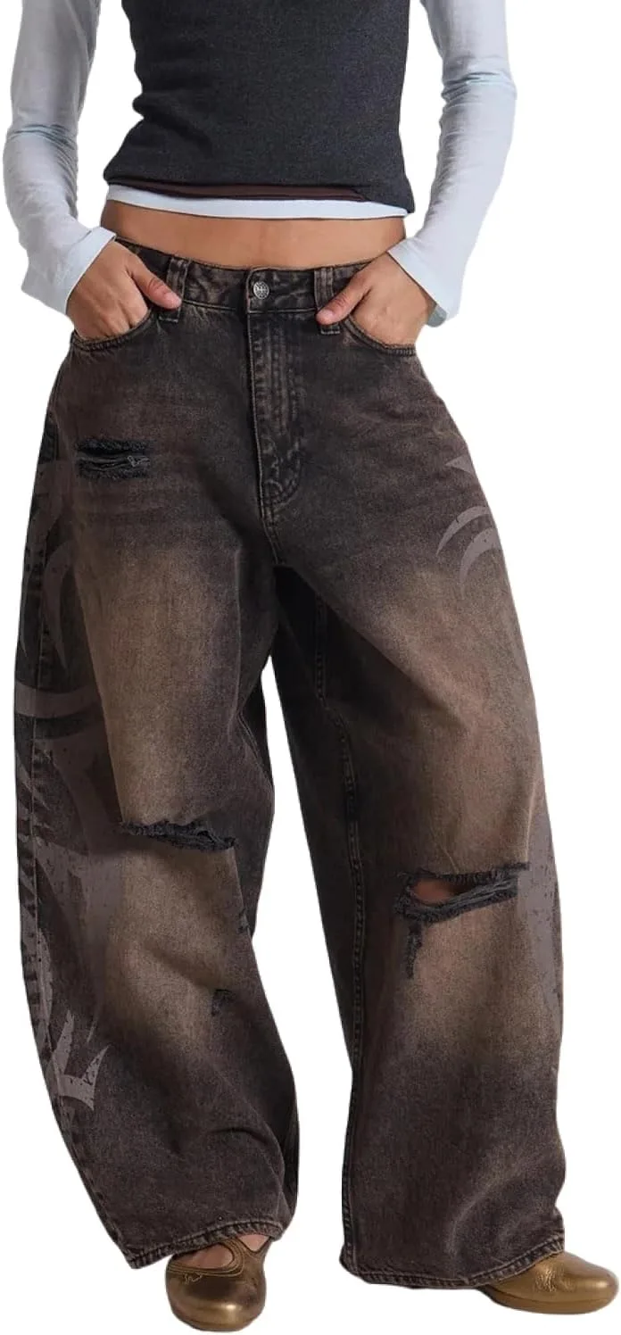 

Женские джинсы Y2K в стиле ретро с высокой талией и потертостями Ethbox