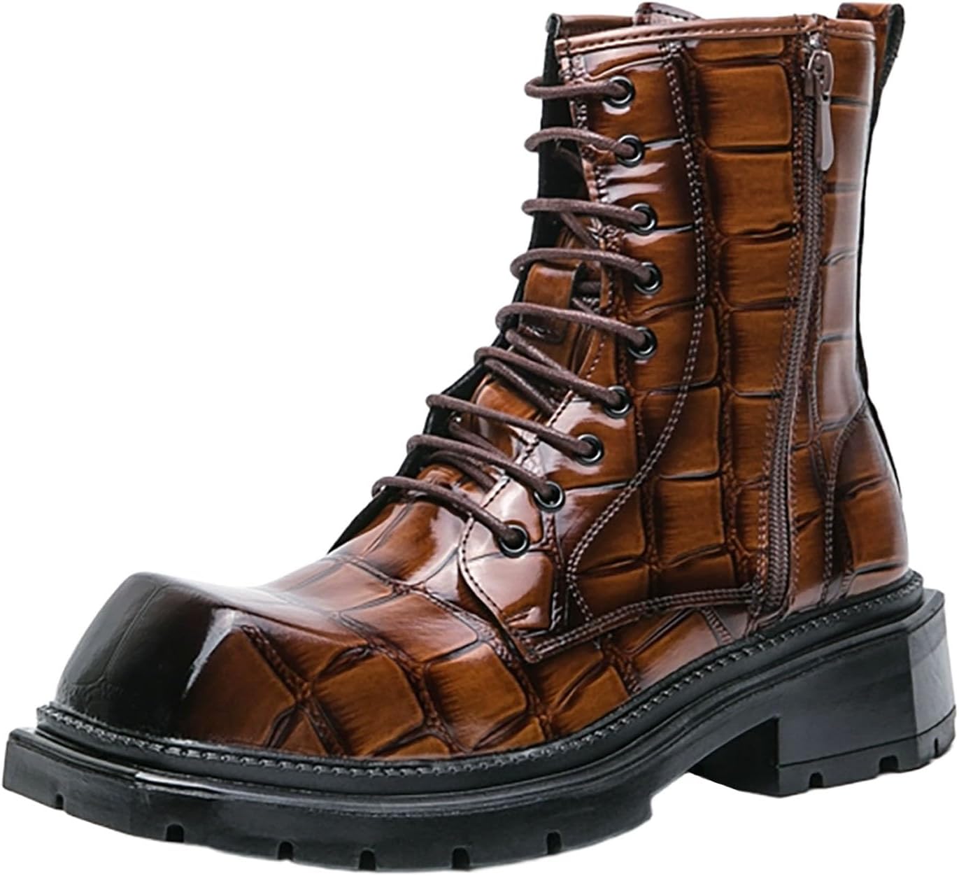 

Мужские высокие мотоциклетные ботинки на платформе с шнуровкой, из лакированной кожи с принтом «крокодил» Nxnbhsl, коричневый