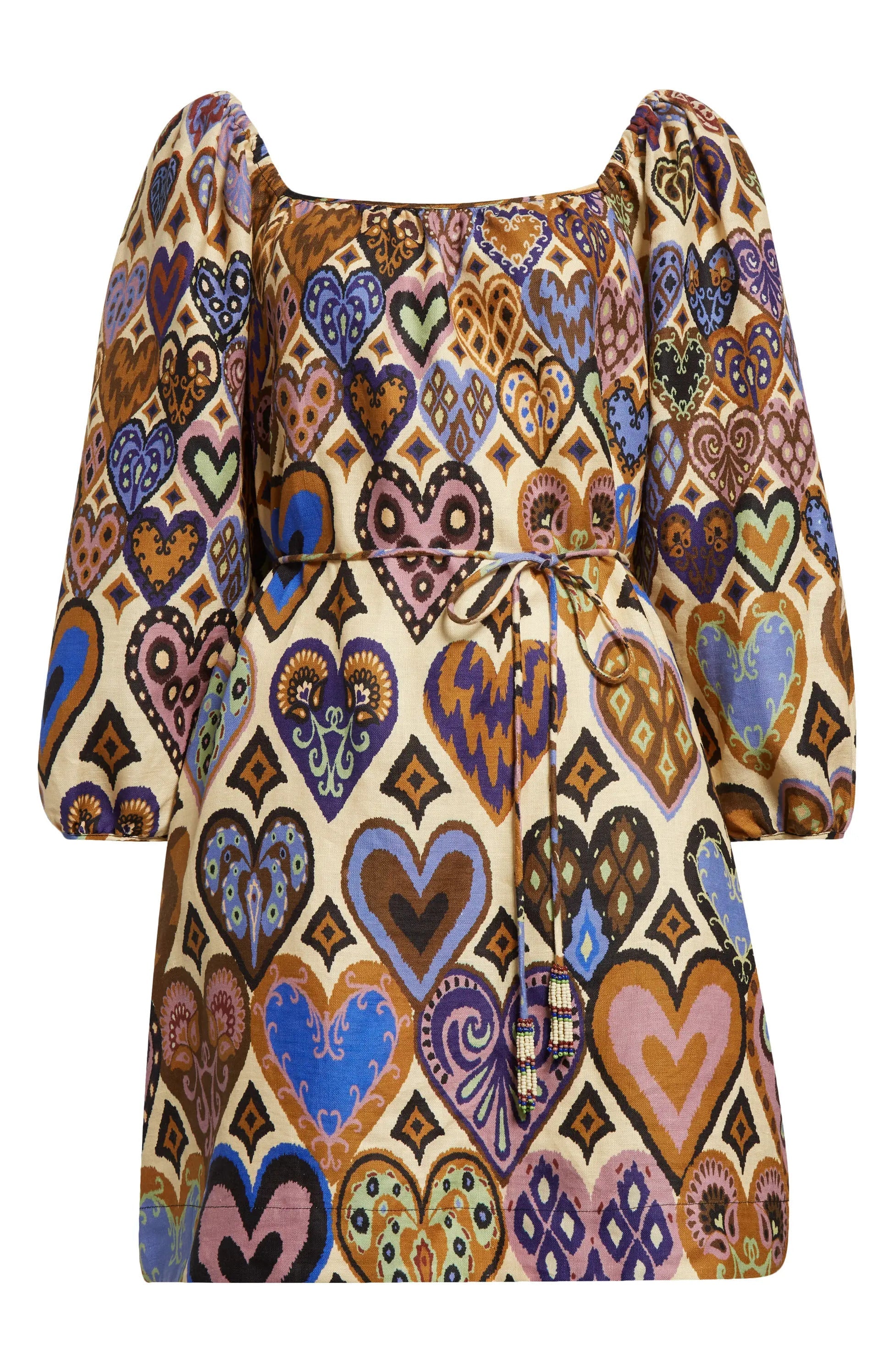 

Женское мини-платье Farm Rio с длинными рукавами, узор Hearts Ikat Cream